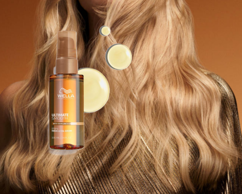 Vaaleahiuksinen henkilö ja Wella Professional Ultima smooth serum -tuote 